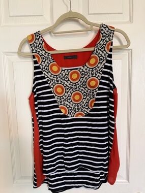 THML Black & White Striped Tank with Red Side Panels and Yellow Patterned Yoke